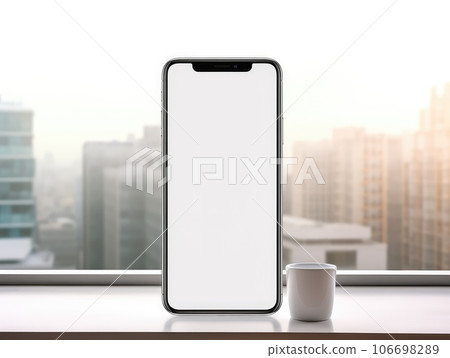 mobile phone with blank white screen. Against the background of the floor on which there are indoor plants. AI Generative. 106698289