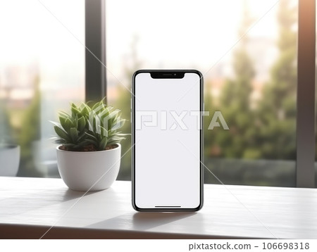 mobile phone with blank white screen. Against the background of the floor on which there are indoor plants. AI Generative. 106698318