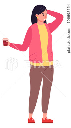Woman hold takeaway coffee cup. Happy student Woman hold takeaway coffee cup. Happy student 106698364