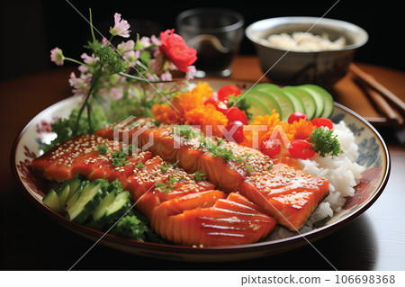 Fried Salmon Steak with Vegetables.GenerativeAI. Fried Salmon Steak with Vegetables.GenerativeAI. 106698368