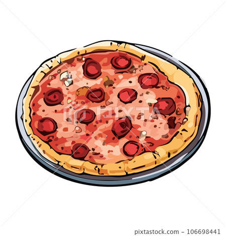 Hand Draw Pizza with various ingredients in cartoon style. Whole and chopped pizza icon. Vector illustration EPS10 106698441