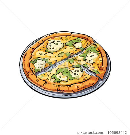 Hand Draw Pizza with various ingredients in cartoon style. Whole and chopped pizza icon. Vector illustration EPS10 106698442