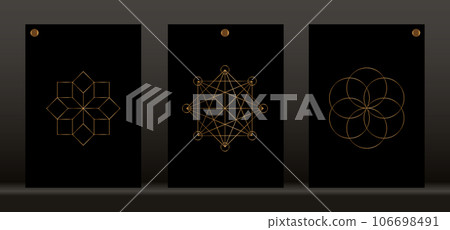 Sacred geometry, set graphic element Vector isolated on black background. Gold Symbols of alchemy esoteric, Flower of Life. Golden Mystic icon platonic solids, geometric drawing, typical crop circles 106698491