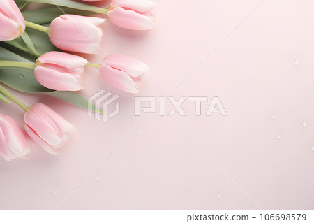 Pastel tulip flower in drops of water close-up for background.GenerativeAI. Pastel tulip flower in drops of water close-up for background.GenerativeAI. 106698579