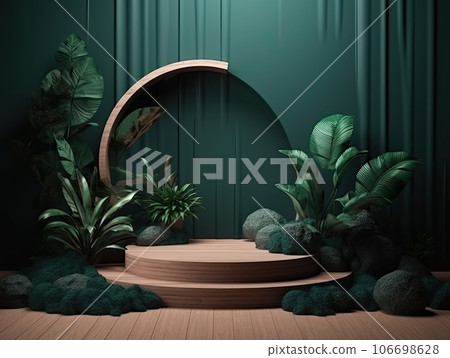 Green podium in modern tropical background for product placement 3d render. AI Generative 106698628