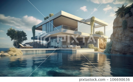 Design house - modern villa with open plan living and private bedroom wing. Large terrace with privacy and, swimming pool. Generative AI. 106698636