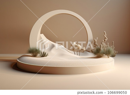 Podium on sand background. Display with sunshade and shadow on the background for cosmetic perfume fashion natural product. Generative AI. 106699050