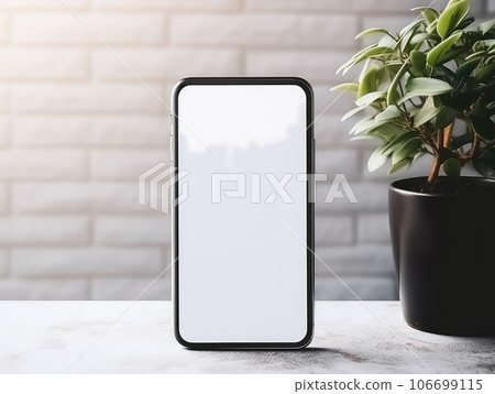 Blank screen of Smart Phone, plant pot and small plant pots on wooden table. AI Generative. 106699115