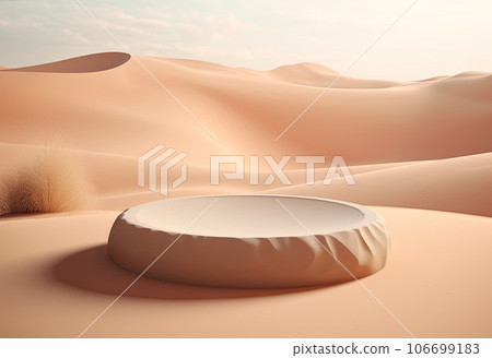 Podium on sand background. Display with sunshade and shadow on the background for cosmetic perfume fashion natural product. Generative AI. 106699183