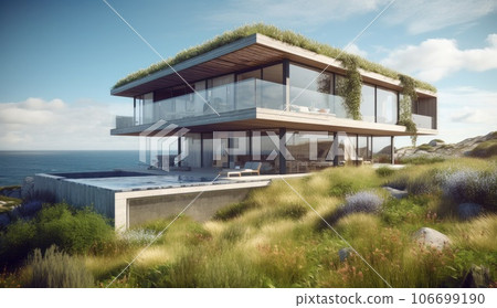 Design house - modern villa with open plan living and private bedroom wing. Large terrace with privacy and, swimming pool. Generative AI. 106699190