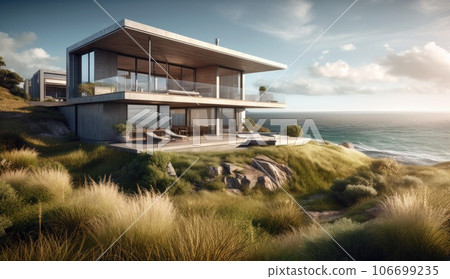 Design house - modern villa with open plan living and private bedroom wing. Large terrace with privacy and, swimming pool. Generative AI. 106699235