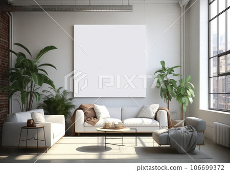 Poster Mockup in a industrial interior. table and a framed poster on a white wall. AI Generative. 106699372