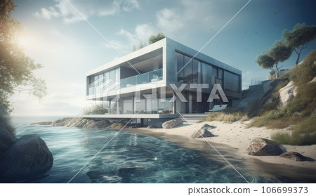 Design house - modern villa with open plan living and private bedroom wing. Large terrace with privacy and, swimming pool. Generative AI. 106699373