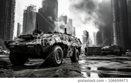 Burnt-out military vehicle. Created with AI 106699473