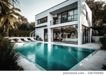 Design house - modern villa with open plan living and private bedroom wing. Large terrace with privacy and, swimming pool. Generative AI. 106700066