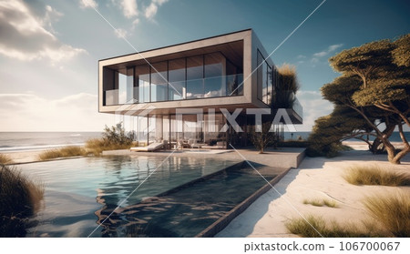 Design house - modern villa with open plan living and private bedroom wing. Large terrace with privacy and, swimming pool. Generative AI. 106700067