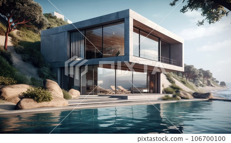 Design house - modern villa with open plan living and private bedroom wing. Large terrace with privacy and, swimming pool. Generative AI. 106700100