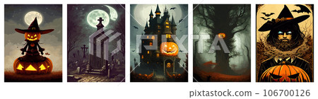 halloween night vector background. creepy halloween castle. scary castle vector illustration vertical poster. set for background, poster or flyer 106700126