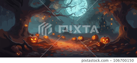 vector halloween haunted old graveyard lit by the glow of the full moon and guarded by orange jack-o'-lanterns under spooky old dead trees. banner for autumn spooky holiday vector halloween haunted old graveyard lit by the glow of the full moon and guarded by orange jack-o'-lanterns under spooky old dead trees. banner for autumn spooky holiday 106700150