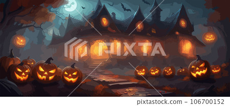 vector halloween haunted old graveyard lit by the glow of the full moon and guarded by orange jack-o'-lanterns under spooky old dead trees. banner for autumn spooky holiday vector halloween haunted old graveyard lit by the glow of the full moon and guarded by orange jack-o'-lanterns under spooky old dead trees. banner for autumn spooky holiday 106700152