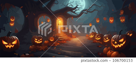 vector halloween haunted old graveyard lit by the glow of the full moon and guarded by orange jack-o'-lanterns under spooky old dead trees. banner for autumn spooky holiday vector halloween haunted old graveyard lit by the glow of the full moon and guarded by orange jack-o'-lanterns under spooky old dead trees. banner for autumn spooky holiday 106700153