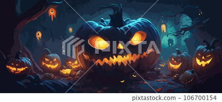 vector halloween haunted old graveyard lit by the glow of the full moon and guarded by orange jack-o'-lanterns under spooky old dead trees. banner for autumn spooky holiday vector halloween haunted old graveyard lit by the glow of the full moon and guarded by orange jack-o'-lanterns under spooky old dead trees. banner for autumn spooky holiday 106700154