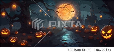 vector halloween haunted old graveyard lit by the glow of the full moon and guarded by orange jack-o'-lanterns under spooky old dead trees. banner for autumn spooky holiday vector halloween haunted old graveyard lit by the glow of the full moon and guarded by orange jack-o'-lanterns under spooky old dead trees. banner for autumn spooky holiday 106700155
