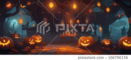 vector halloween haunted old graveyard lit by the glow of the full moon and guarded by orange jack-o'-lanterns under spooky old dead trees. banner for autumn spooky holiday vector halloween haunted old graveyard lit by the glow of the full moon and guarded by orange jack-o'-lanterns under spooky old dead trees. banner for autumn spooky holiday 106700156