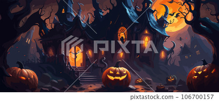 vector halloween haunted old graveyard lit by the glow of the full moon and guarded by orange jack-o'-lanterns under spooky old dead trees. banner for autumn spooky holiday vector halloween haunted old graveyard lit by the glow of the full moon and guarded by orange jack-o'-lanterns under spooky old dead trees. banner for autumn spooky holiday 106700157