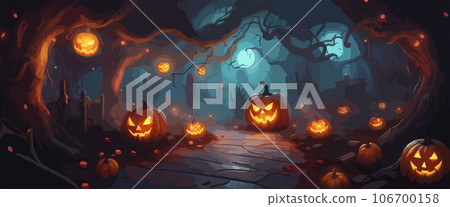 vector halloween haunted old graveyard lit by the glow of the full moon and guarded by orange jack-o'-lanterns under spooky old dead trees. banner for autumn spooky holiday vector halloween haunted old graveyard lit by the glow of the full moon and guarded by orange jack-o'-lanterns under spooky old dead trees. banner for autumn spooky holiday 106700158