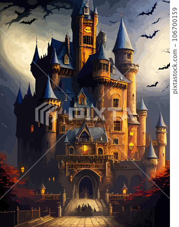 halloween night vector background. creepy halloween castle. scary castle vector illustration vertical poster. set for background, poster or flyer halloween night vector background. creepy halloween castle. scary castle vector illustration vertical poster. set for background, poster or flyer 106700159