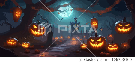 vector halloween haunted old graveyard lit by the glow of the full moon and guarded by orange jack-o'-lanterns under spooky old dead trees. banner for autumn spooky holiday vector halloween haunted old graveyard lit by the glow of the full moon and guarded by orange jack-o'-lanterns under spooky old dead trees. banner for autumn spooky holiday 106700160
