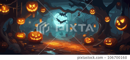vector halloween haunted old graveyard lit by the glow of the full moon and guarded by orange jack-o'-lanterns under spooky old dead trees. banner for autumn spooky holiday vector halloween haunted old graveyard lit by the glow of the full moon and guarded by orange jack-o'-lanterns under spooky old dead trees. banner for autumn spooky holiday 106700168