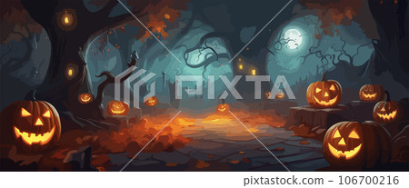 vector halloween haunted old graveyard lit by the glow of the full moon and guarded by orange jack-o'-lanterns under spooky old dead trees. banner for autumn spooky holiday vector halloween haunted old graveyard lit by the glow of the full moon and guarded by orange jack-o'-lanterns under spooky old dead trees. banner for autumn spooky holiday 106700216