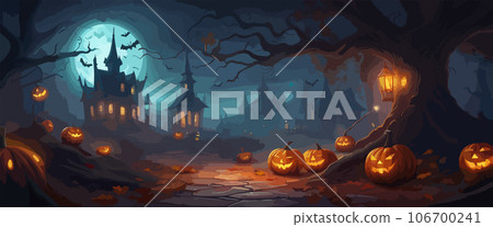 vector halloween haunted old graveyard lit by the glow of the full moon and guarded by orange jack-o'-lanterns under spooky old dead trees. banner for autumn spooky holiday 106700241