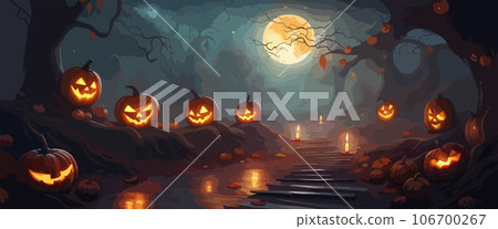 vector halloween haunted old graveyard lit by the glow of the full moon and guarded by orange jack-o'-lanterns under spooky old dead trees. banner for autumn spooky holiday vector halloween haunted old graveyard lit by the glow of the full moon and guarded by orange jack-o'-lanterns under spooky old dead trees. banner for autumn spooky holiday 106700267