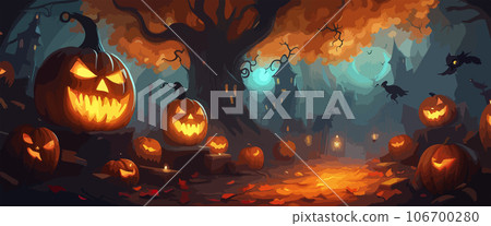 vector halloween haunted old graveyard lit by the glow of the full moon and guarded by orange jack-o'-lanterns under spooky old dead trees. banner for autumn spooky holiday vector halloween haunted old graveyard lit by the glow of the full moon and guarded by orange jack-o'-lanterns under spooky old dead trees. banner for autumn spooky holiday 106700280