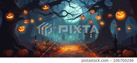 vector halloween haunted old graveyard lit by the glow of the full moon and guarded by orange jack-o'-lanterns under spooky old dead trees. banner for autumn spooky holiday 106700286