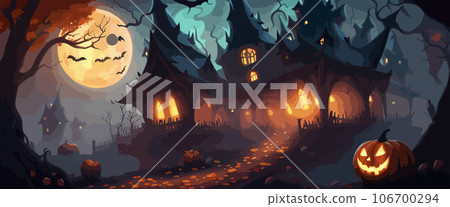vector halloween haunted old graveyard lit by the glow of the full moon and guarded by orange jack-o'-lanterns under spooky old dead trees. banner for autumn spooky holiday 106700294