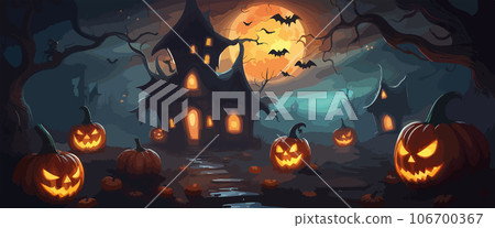 vector halloween haunted old graveyard lit by the glow of the full moon and guarded by orange jack-o'-lanterns under spooky old dead trees. banner for autumn spooky holiday vector halloween haunted old graveyard lit by the glow of the full moon and guarded by orange jack-o'-lanterns under spooky old dead trees. banner for autumn spooky holiday 106700367