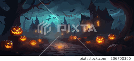 vector halloween haunted old graveyard lit by the glow of the full moon and guarded by orange jack-o'-lanterns under spooky old dead trees. banner for autumn spooky holiday vector halloween haunted old graveyard lit by the glow of the full moon and guarded by orange jack-o'-lanterns under spooky old dead trees. banner for autumn spooky holiday 106700390