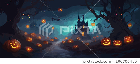 vector halloween haunted old graveyard lit by the glow of the full moon and guarded by orange jack-o'-lanterns under spooky old dead trees. banner for autumn spooky holiday 106700419