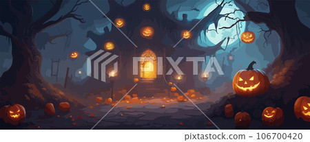 vector halloween haunted old graveyard lit by the glow of the full moon and guarded by orange jack-o'-lanterns under spooky old dead trees. banner for autumn spooky holiday 106700420