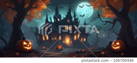 vector halloween haunted old graveyard lit by the glow of the full moon and guarded by orange jack-o'-lanterns under spooky old dead trees. banner for autumn spooky holiday vector halloween haunted old graveyard lit by the glow of the full moon and guarded by orange jack-o'-lanterns under spooky old dead trees. banner for autumn spooky holiday 106700486