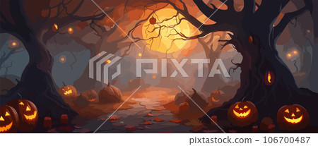vector halloween haunted old graveyard lit by the glow of the full moon and guarded by orange jack-o'-lanterns under spooky old dead trees. banner for autumn spooky holiday vector halloween haunted old graveyard lit by the glow of the full moon and guarded by orange jack-o'-lanterns under spooky old dead trees. banner for autumn spooky holiday 106700487