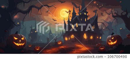 vector halloween haunted old graveyard lit by the glow of the full moon and guarded by orange jack-o'-lanterns under spooky old dead trees. banner for autumn spooky holiday vector halloween haunted old graveyard lit by the glow of the full moon and guarded by orange jack-o'-lanterns under spooky old dead trees. banner for autumn spooky holiday 106700498