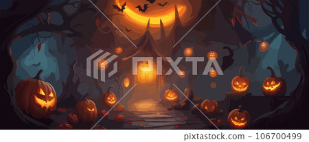 vector halloween haunted old graveyard lit by the glow of the full moon and guarded by orange jack-o'-lanterns under spooky old dead trees. banner for autumn spooky holiday vector halloween haunted old graveyard lit by the glow of the full moon and guarded by orange jack-o'-lanterns under spooky old dead trees. banner for autumn spooky holiday 106700499