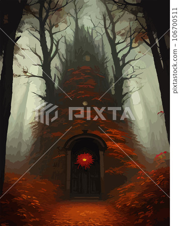 halloween night vector background. creepy halloween castle. scary castle vector illustration vertical poster. set for background, poster or flyer 106700511