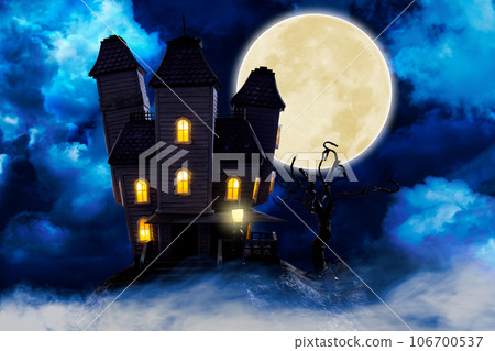 Haunted house on a full moon night 106700537
