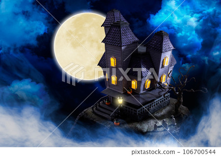 Haunted house on a full moon night 106700544